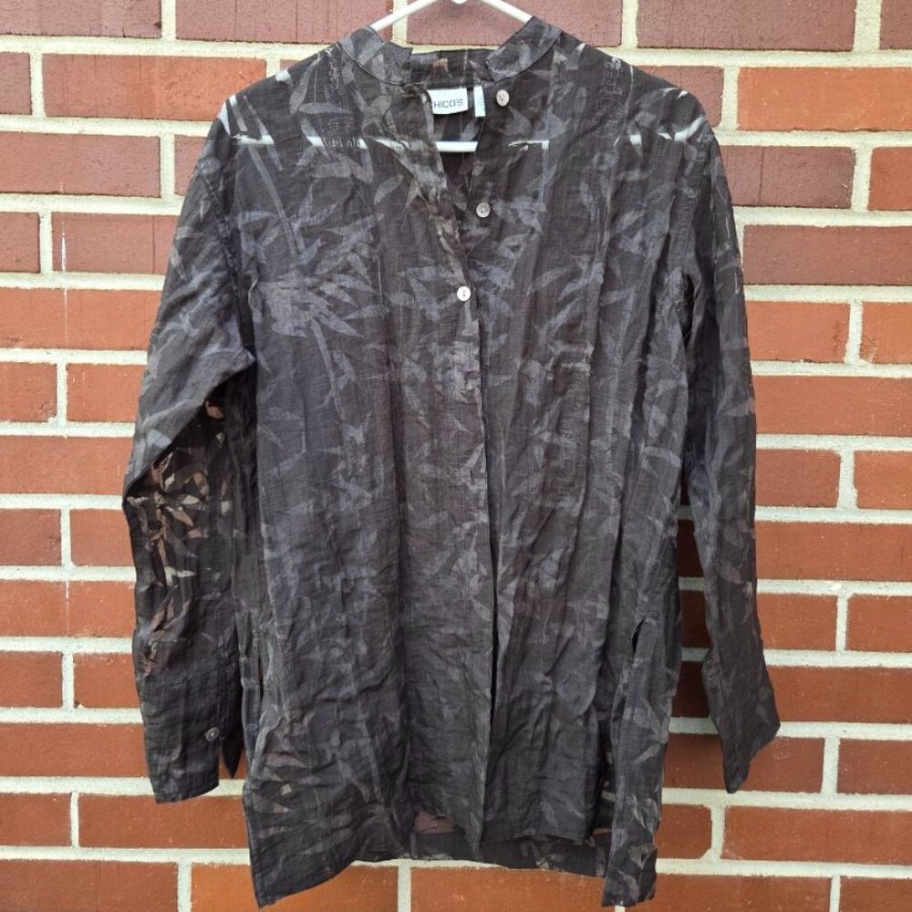 Chico’s Tunic Womens Black Bamboo Leaf Burnout Asian Button Up - Chico's Size 0